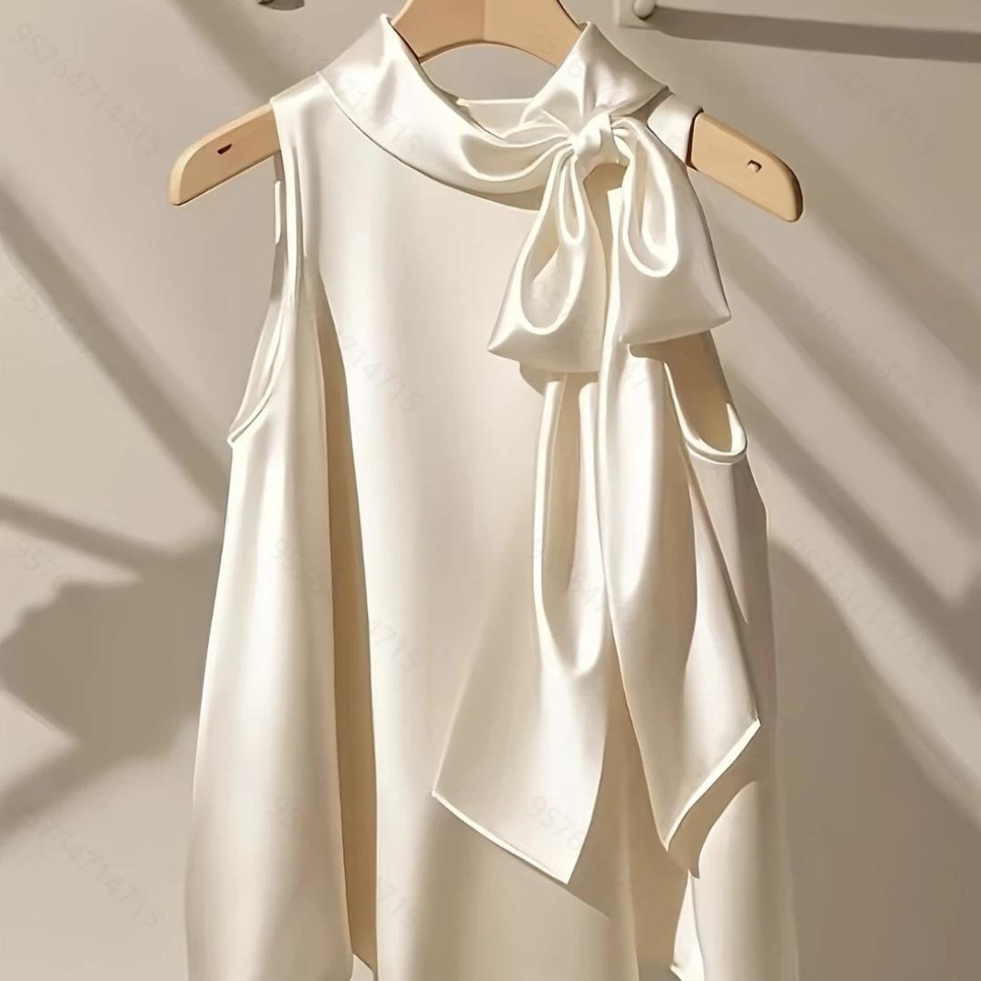 French Solid Color White Satin Hanging Neck Top For Women s Summer New Loose Bow Tie Shirt 2XL
