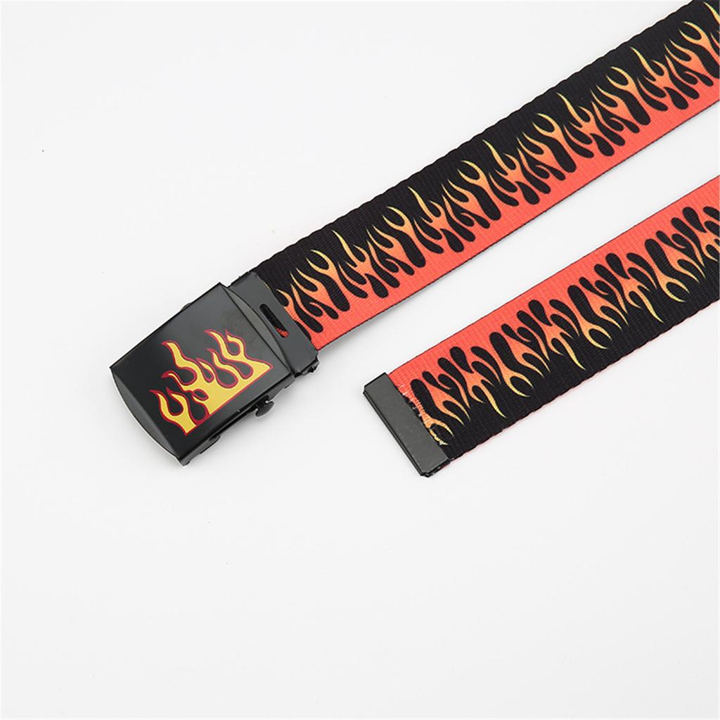Hip Hop Style Flame Pattern Belt With Metal Buckles Durable Weave Fabric Adjustable Waist Strap For Punk Fashion Enthusiasts