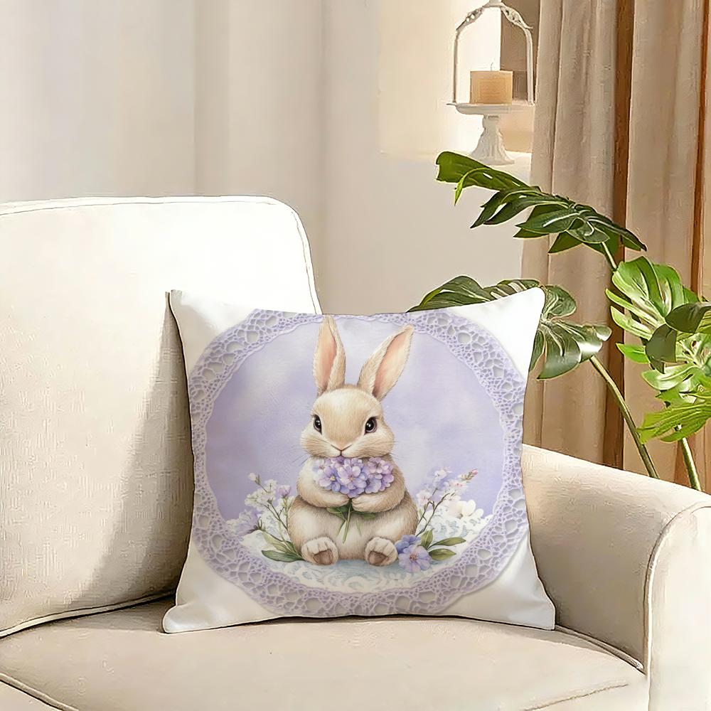 Cute rabbit holding flowers Cushion Cover Reversible Plush Pillow Cover Soft Fluffy Home Decor for Sofa Bedroom