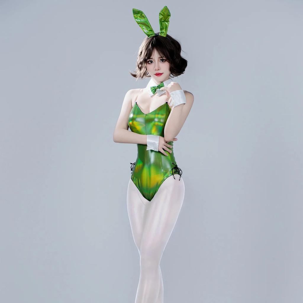 Hot Sexy Cute Deep V Sling Bunny Cosplay Patent Laser Leather Costumes Lovely Blue Jumpsuit Women Halloween Costume Rabbit Suit