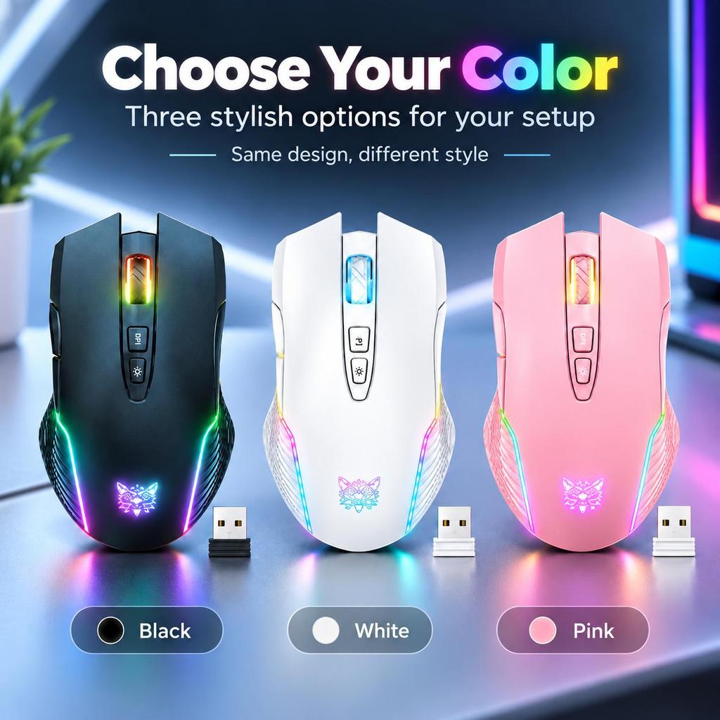 2.4G Wireless RGB Optical Gaming Mouse, Pixart PAW3325 Sensor, 3600 DPI Remappable Buttons Ergonomic Grip