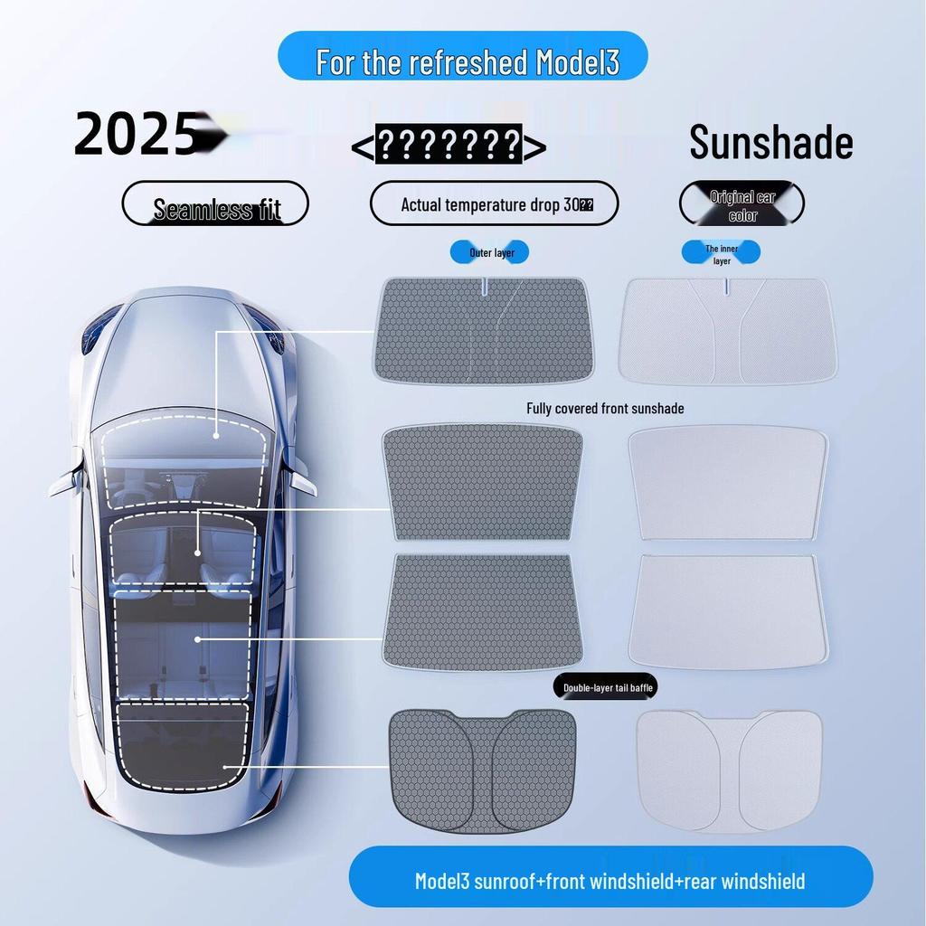 Compatible Sunshade for Tesla Model Y/3/YL: Sunroof, Front Windshield, and Rear Window Heat Insulation.