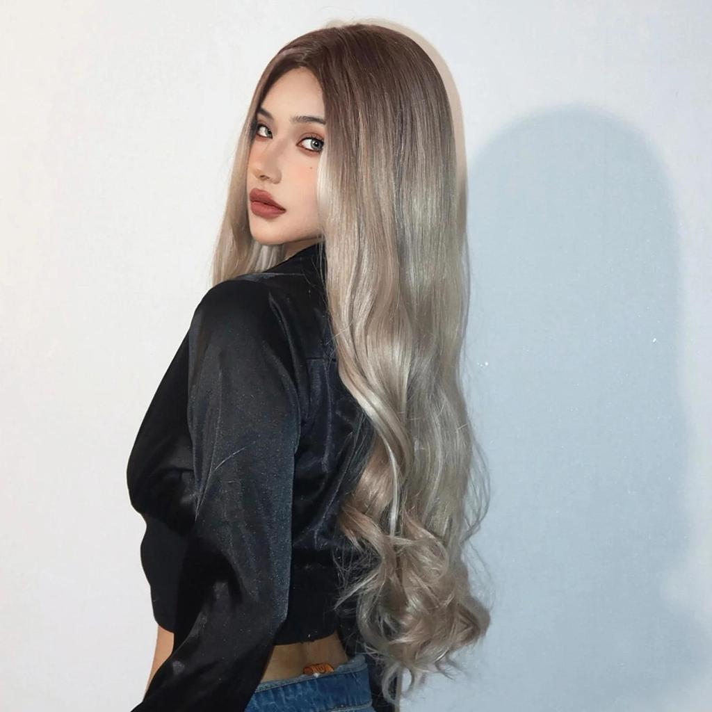 HAIRCUBE White Platinum Smíšené Hnědé Syntetické Paruky Dlouhé vlnité Paruky z přírodních vlasů pro ženy Střední část Denní tepelně odolné paruky