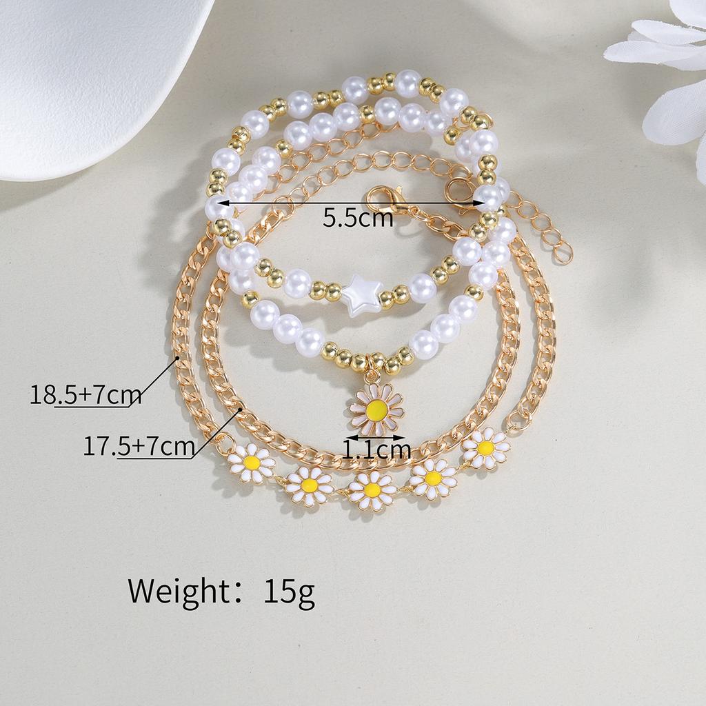 4pc Bohemian Daisy Flower Pendant Beaded Star Heart Bracelet Set for Women Daisy Imitation Pearl Bangles Girls Vintage Jewelry