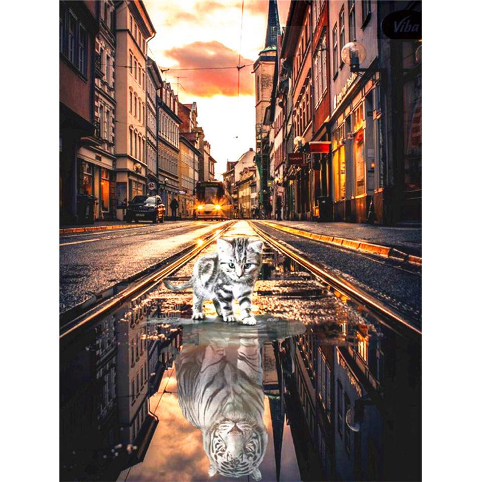 

5D DIY круглая алмазная живопись животное Алмазная вышивка кошка тигр отражение картина горный хрусталь мозаика комплект украшения дома подарок Full Round 20x30CM
