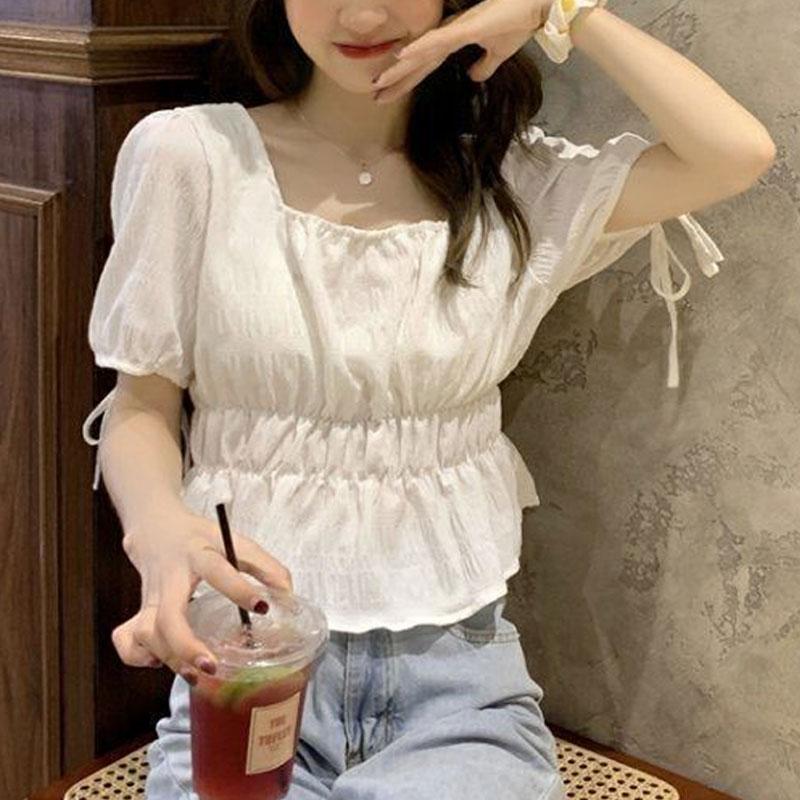 Fashionable Puff Sleeve Drawstring Blouse Korean Solid Summer New Square Collar Sweet Elegant Short Shirts