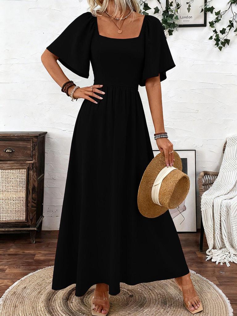 Damen Boho-Kleid mit quadratischem Ausschnitt und Rüschenärmeln