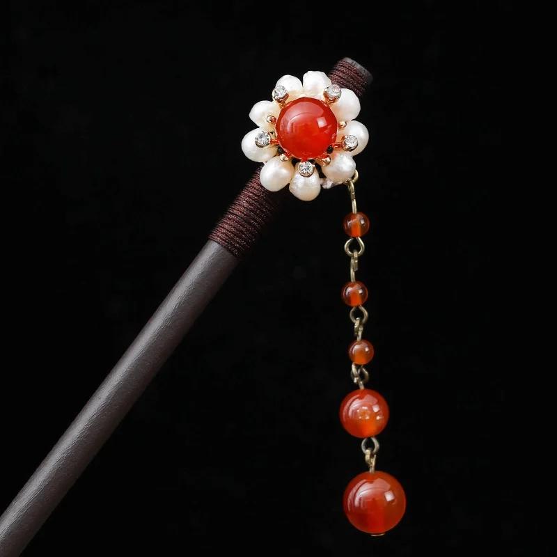 Retro Women Ebony Tassel Stepping Hair Stick Hairpin Chinese Style Handmade Hair Accessories Hanfu Headwear Flower Hair Fork