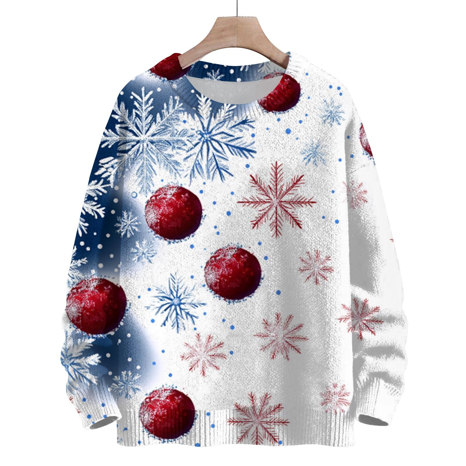 

Женская мода круглый вырез повседневный длинный рукав рождественский милый принт шерстяной трикотажный топ XL синий