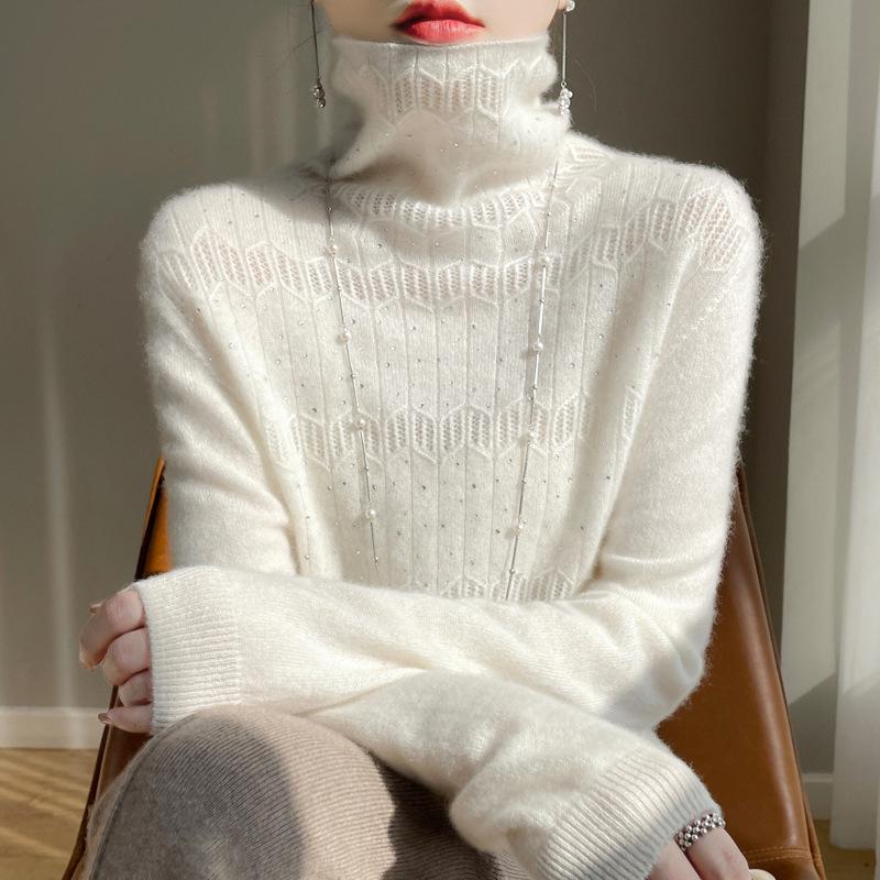 Women's 100% Pure Wool Rhinestone Turtleneck Sweater - Long Sleeve Jacquard Knit