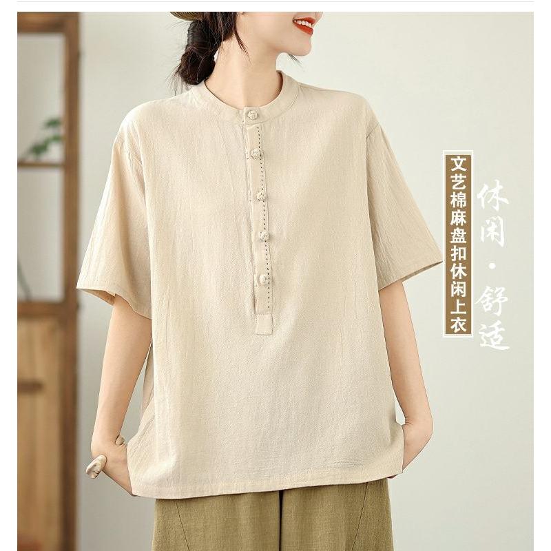Women's Mustard Yellow Stand Collar Half-Sleeve Blouse Button Detail Loose Casual Linen Blend Shirt