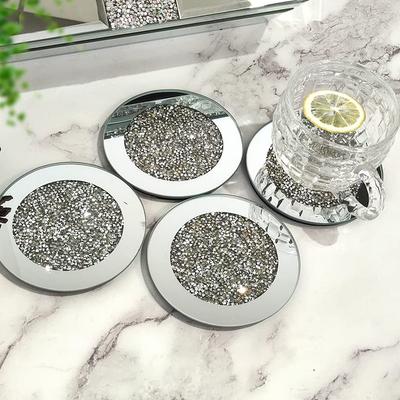 GIMORRTO Glas Spiegel Untersetzer, 4 Stück, Zerstoßener Diamant Rund 4 Zoll, Tassenmatten, Tischdeko, Barwerkzeuge, Esstisch