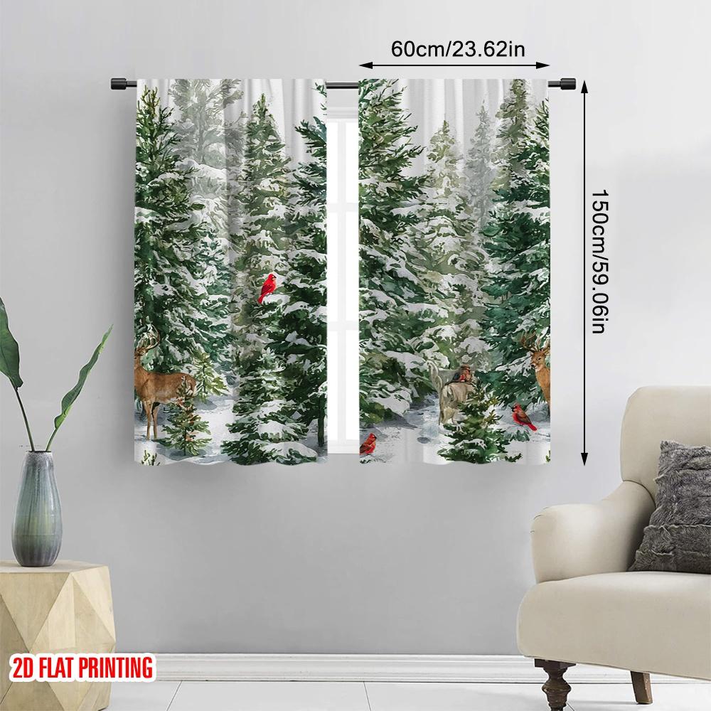 2pcs,2D Plane Printing Pattern Curtains Christmas Pine Tree Snowflake Versatile Durable Polyester (without Rod) Home Decor Use