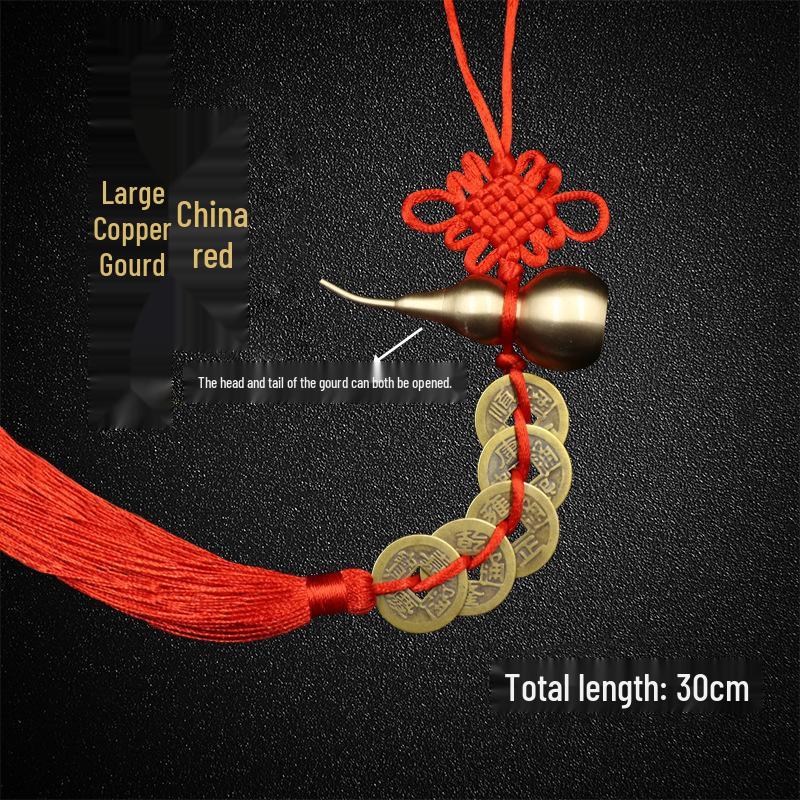 Copper Gourd Five Emperors Coins Chinese Knot Feng Shui Hanging Ornament for Car or Door.