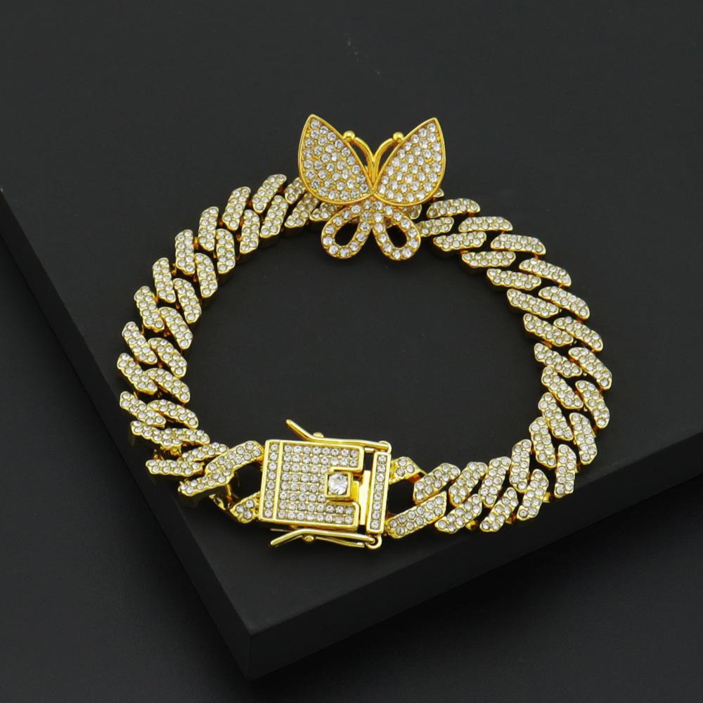 European American Hip Hop Butterfly Iced Out Bracelet, 12mm Full Diamond Rhombus Hiphop Punk Alloy Bracelet