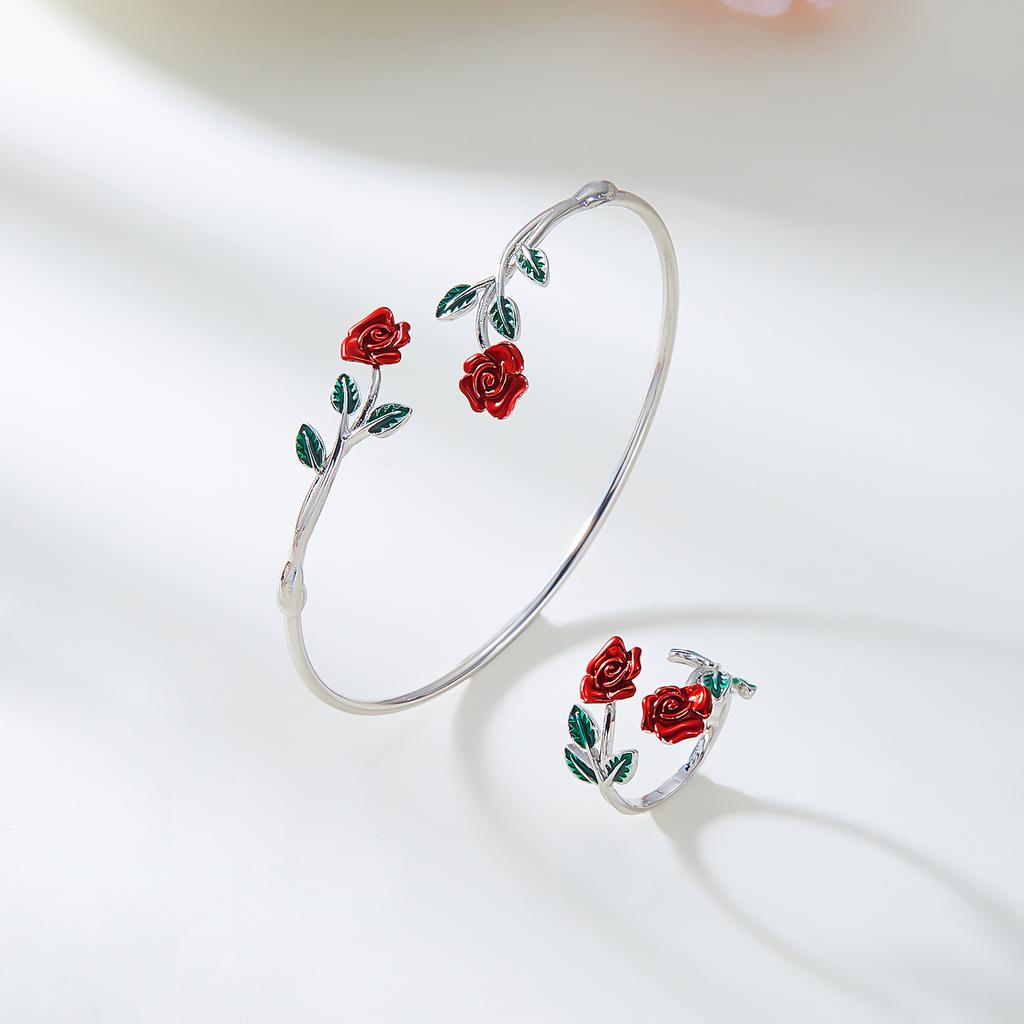 Retro Dripping Oil Pink Flower Bracelet Ring Set For Women Vintage Simple Gold Color Open Cuff Bracelet Party Wedding Jewelry Gift