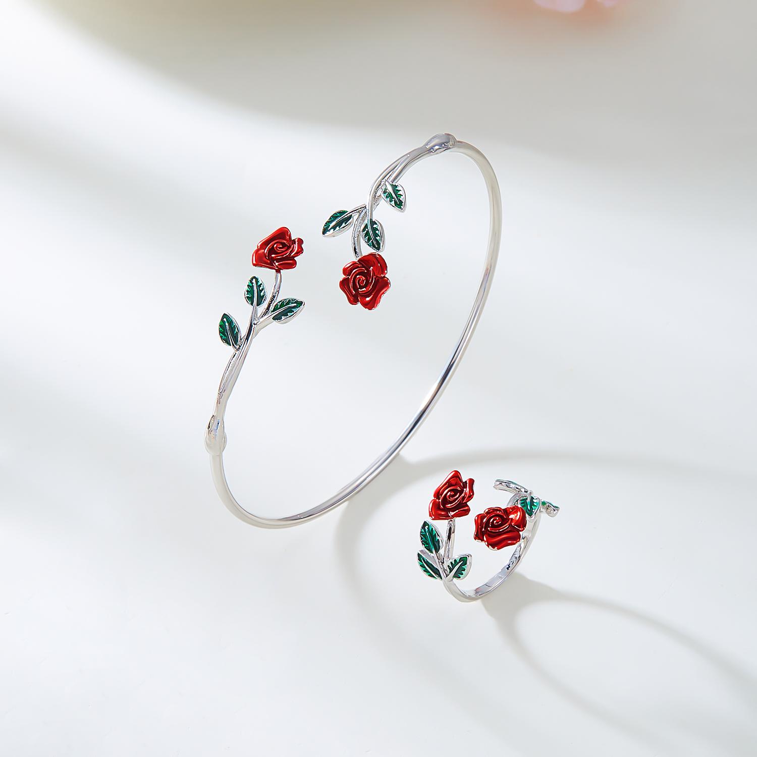 

French Retro Rose Flower Cuff Bracelet Ring Set For Women Vintage Drip Oil Floral Open Bangle Finger Jewelry Valentines Day Gift