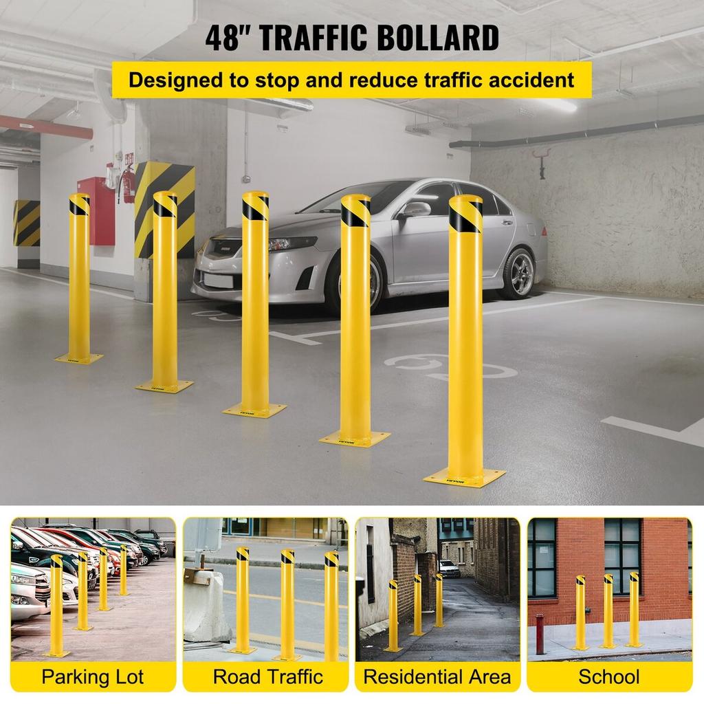 Safety Bollard 48"x5.5", Safety Barrier Bollard 5-1/2" OD 48" Height, Yellow Powder Coat Pipe Steel Safety Barrier, with 4 Free Anchor Bolts, for