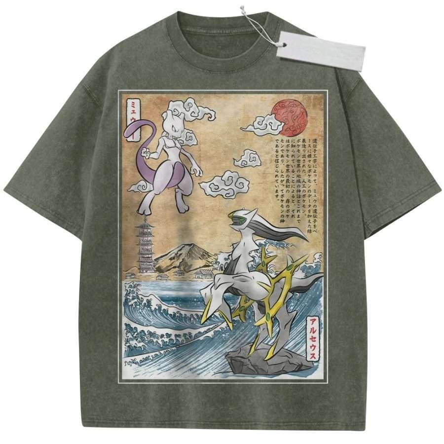 T Shirt Sports T Shirt Short Sleeve T Shirt Multi Color Unisex Pure Cotton Washed Vintage Pokemon Mewtwo and Arceus Japanese