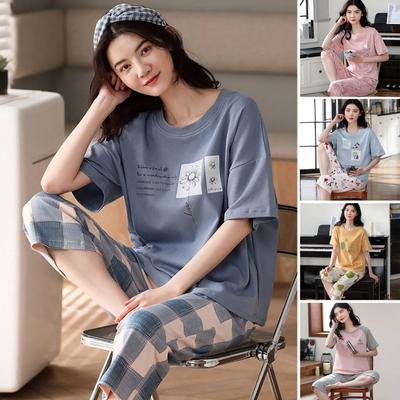 Lounge Sleepwear O-Neck Sleeping Breathable Summer Women's Cartoon Print T-shirt Crop Pants Set Daily Wear Two Pieces for Casual Sleepwear