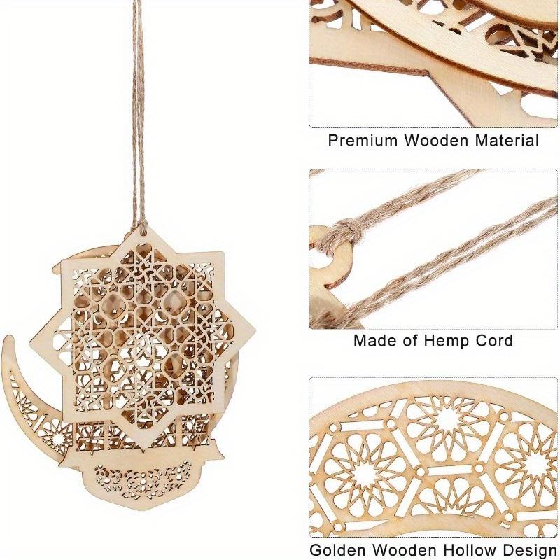 3Pcs Ramadan Wooden Ornaments Eid Mubarak Hanging Hollow Pendant Ramadan Party Wall Decorations Moon Star Lantern Shape Ornament for Muslim Islam