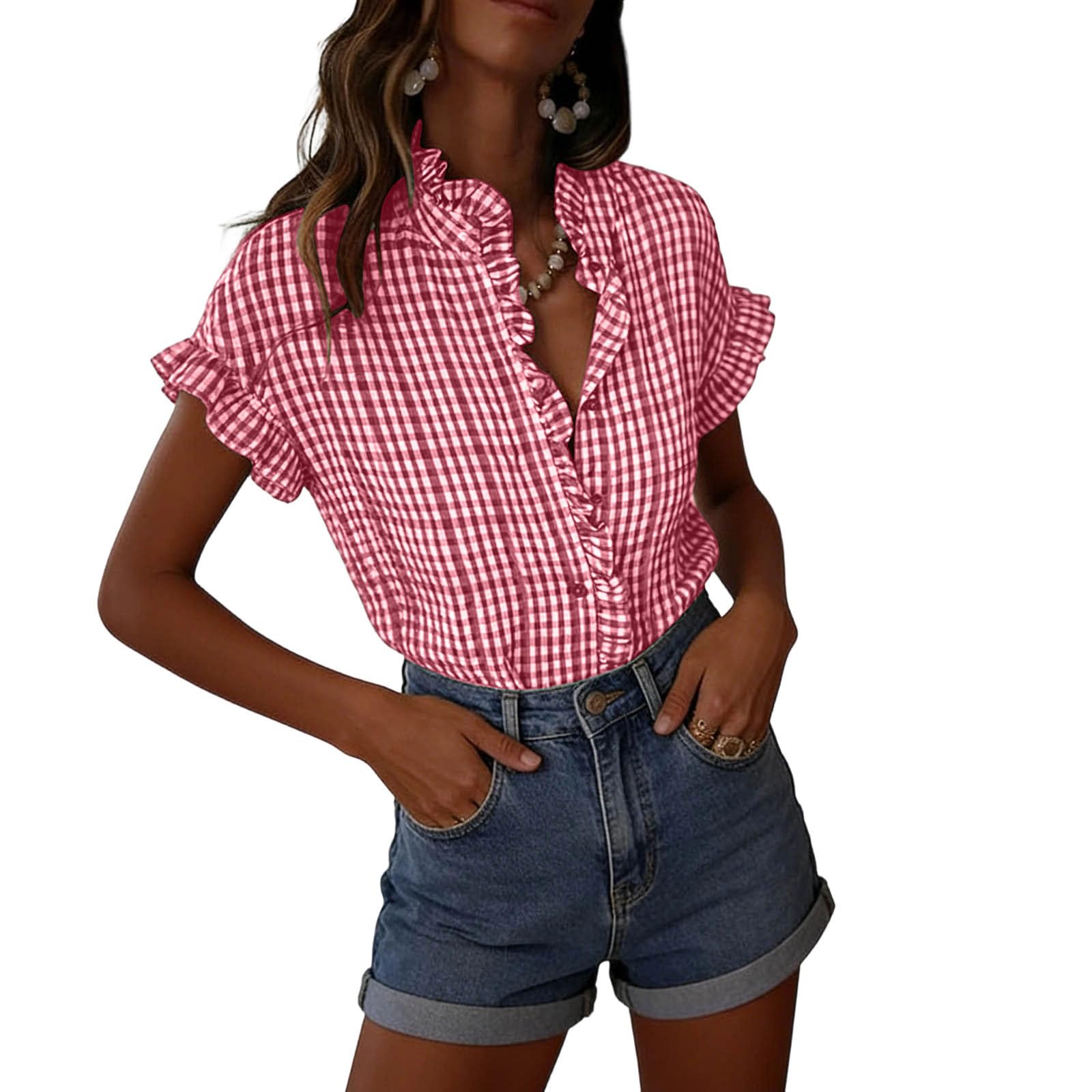 

Ruffle Trim Short Sleeve Blouses for Women Button Down Womens Short Sleeve Shirts Lightweight Women s Short Sleeve Tops Casual Women Short Sleeve Tops L