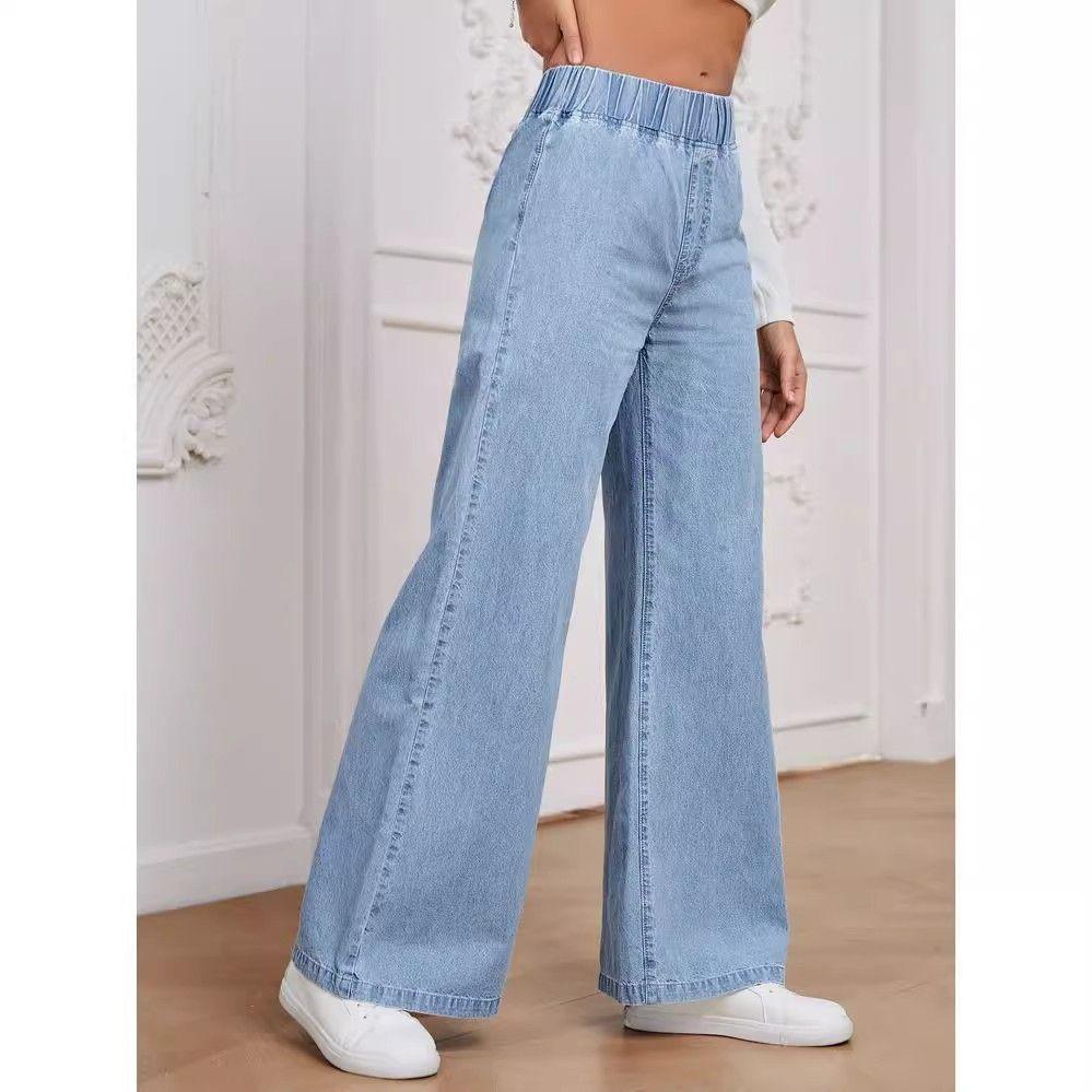 Light Blue Elastic Waist Wide Leg Casual Jeans Women's Style Loose Straight Leg Trousers Comfortable Street Style
