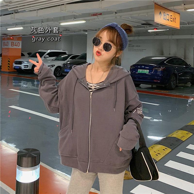 Casual sweater jacket women's thin loose Korean version short man with bf hooded zipper cardigan
