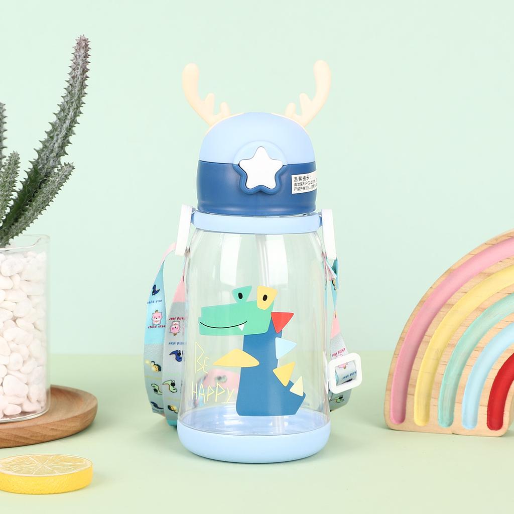 Water bottle children's cartoon antlers plastic cup portable car rope accompanying cup large capacity double drinking straw water cup