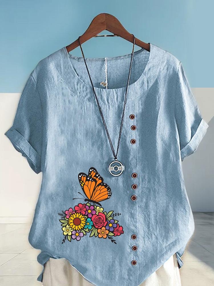 Women's Fashion Butterfly Flowers Print Casual Cotton Linen Short Sleeve Round Neck T-shirt Shirt Leisure Loose Summer Blouse Tops