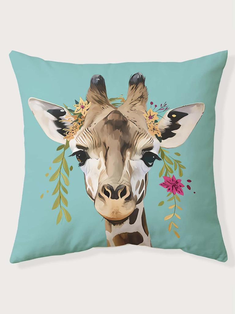 Flower Crown Giraffe Print Throw Pillow Cover, Cushion Case For Sofa Bedroom Living Room Couch Bed Office Chair Home Decor