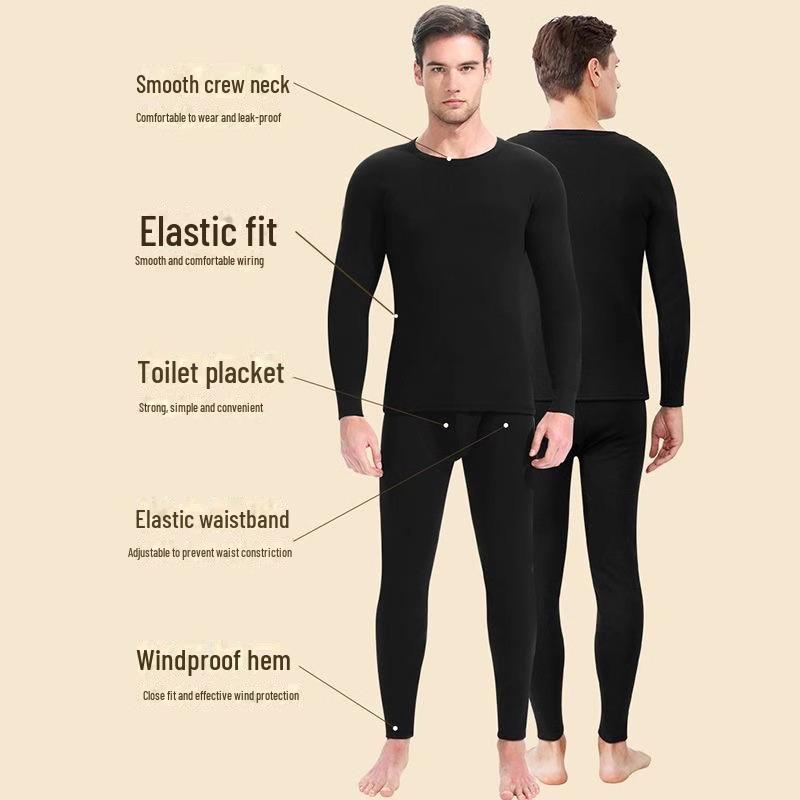 Men's Yellow Velvet Thermal Underwear Set - Warm, Slim Fit, Round Neck for Autumn and Winter