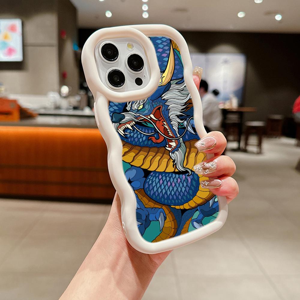 N81 Dragon design art Macaron Wavy Edge Phone Cases for iPhone 16 Pro Max Samsung S24 Plus S23 Ultra A35 A55 Xiaomi Redmi Note 13 Shockproof Cover
