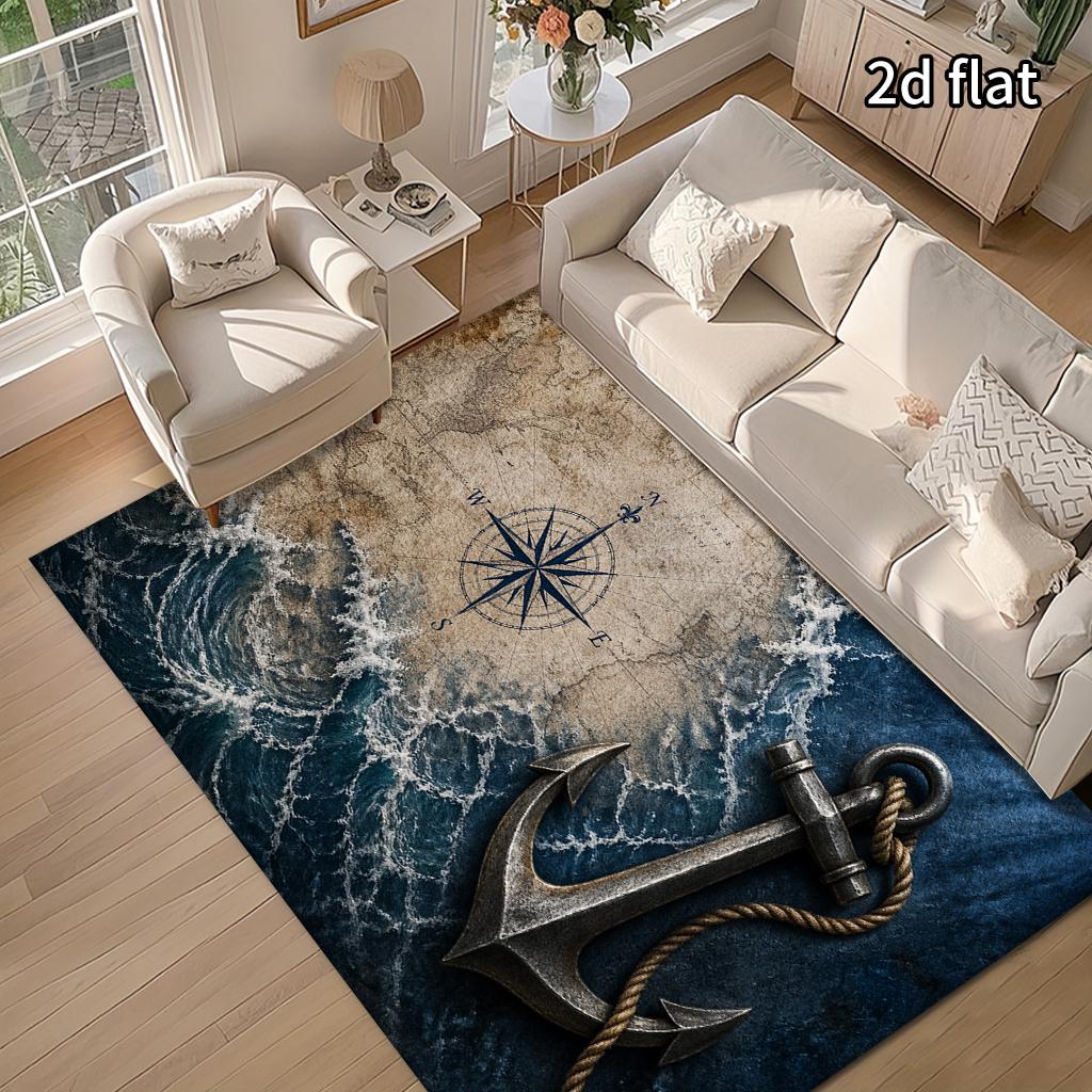 1pc Retro Nautical Anchor Pattern Area Rug, Blue‑Grey Maritime Style, Machine‑Washable & Soft, Classic Modern Design, Perfect