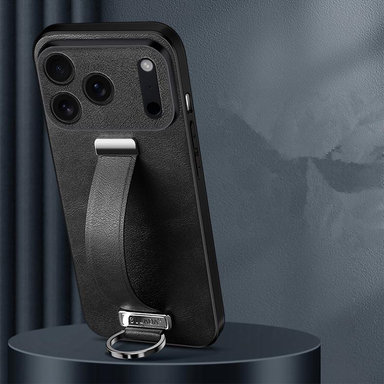 Elegant Wristband Leather Case For iPhone 17 Air 16 Pro Max 15 Plus Streatchable Stand Cover Elegant Business Finger Ring