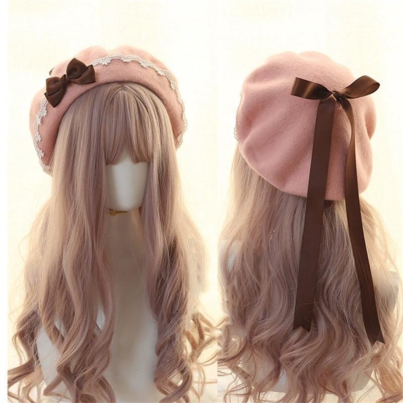 Fashion Lolita Japanese Style Beret Hat Sweet Woolen Bow Beret Warm Handmade Winter Berets Hat Women Girls