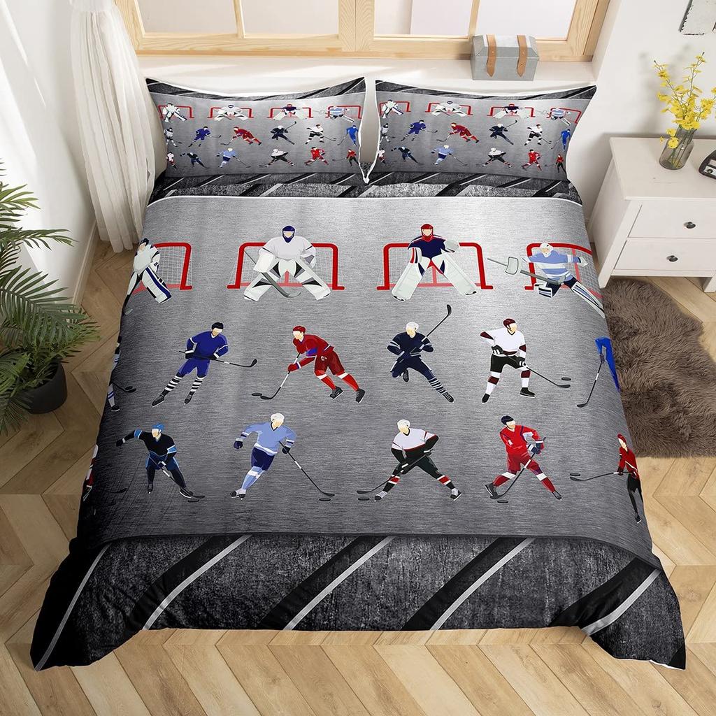 Ice Hockey Duvet Cover For Kids Boys Girls Teens Lightweight Quilt Covers Winter Sports Bedroom Decor Hockey Player Bedding Sets