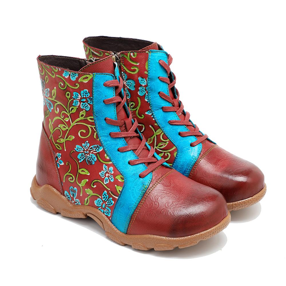 Johnature Damen-Stiefeletten im Ethno-Stil, handgefertigt, aus echtem Leder, mit Kontrastdruck, zum Schnüren, flache Schuhe, kurze Stiefel
