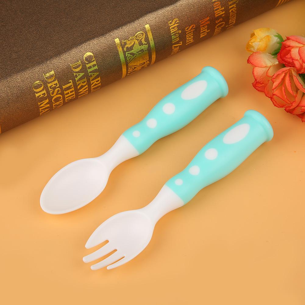 Standing Durable Anti slip Spoon and Fork Set for Baby Kid Tableware(Green)