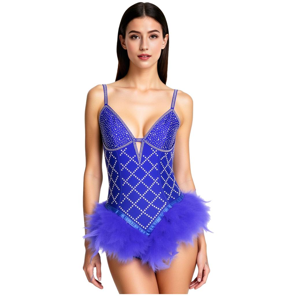Body da Donna Scintillante con Strass e Piume Scollo a V Profonda Spalline Sottili Regolabili Body con Spalline Incrociate Schiena Scoperta per Nightclub Festa Spettacolo sul Palco