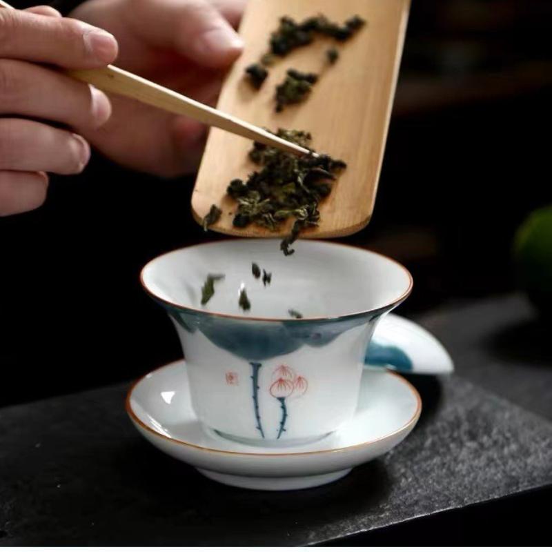 Hand-painted Tea Fat Jade White Porcelain Gaiwan Household Ceramic Tea Infuser Traditional with Cover Teacup