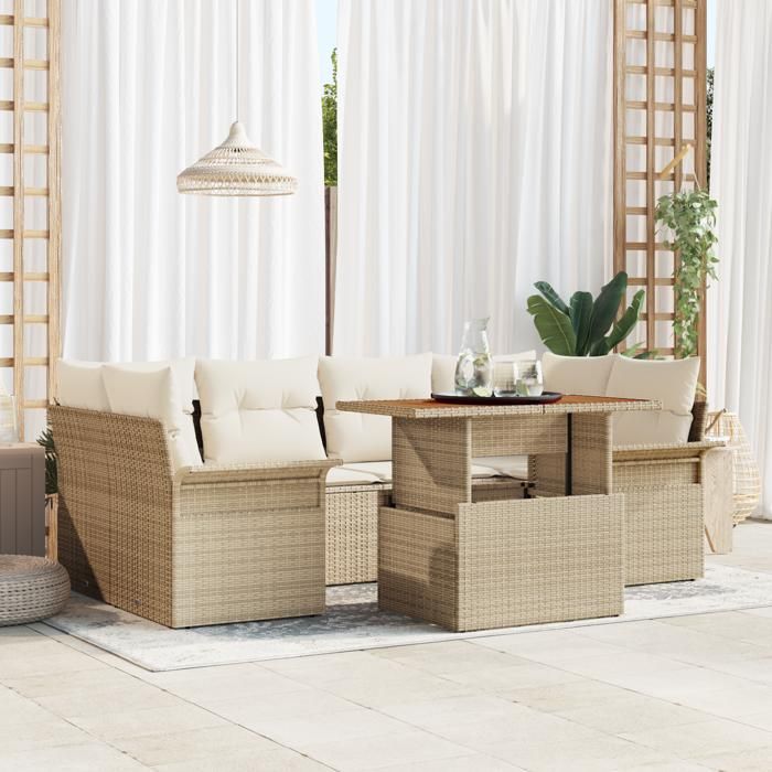 VidaXL Ensemble de canapé de jardin 7 pièces avec coussins Beige Poly Rotin Acacia 3349287