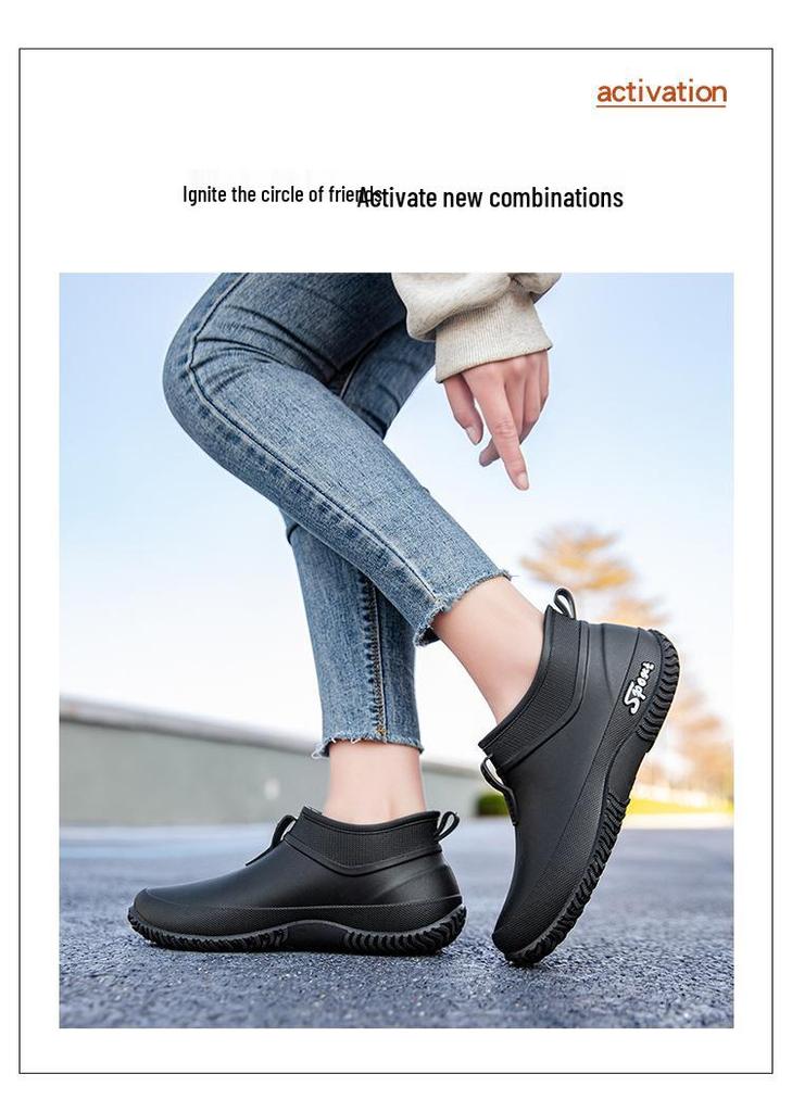 Women's Waterproof Non-Slip Low-Top Rain Boots, Thick-Soled Wear-Resistant Rubber Shoes for Camping & Kitchen.
