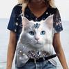 Summer Fashion Cartoon Cat Print 3D Personality Printed T-shirt Women's Loose Comfortable Soft Breathable V-neck Short Sleeved T-shirt