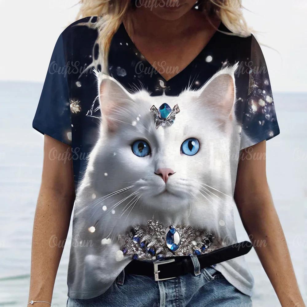 Summer Fashion Cartoon Cat Print 3D Personality Printed T-shirt Women's Loose Comfortable Soft Breathable V-neck Short Sleeved T-shirt