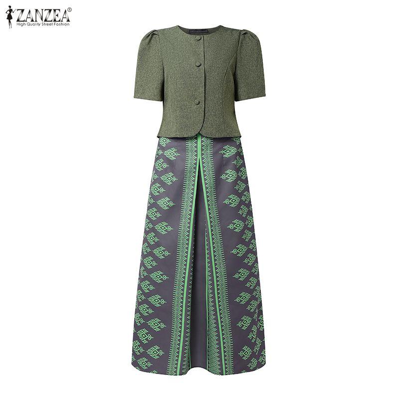 ZANZEA Women Short Sleeve Blouse and Print Long Skirts Two Piece Suit Sets