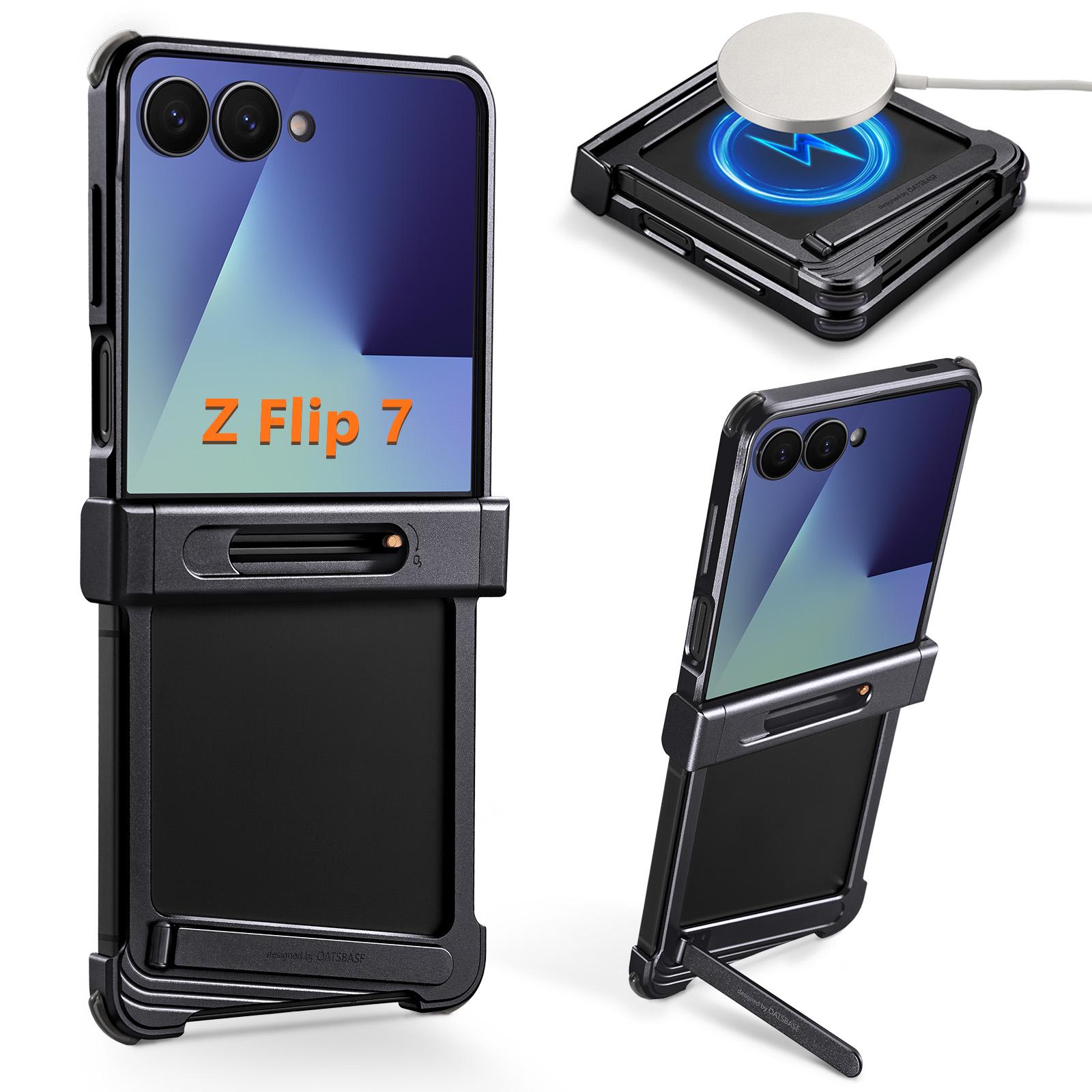 

Oatsbasf для Samsung Galaxy Z Flip 7 Металлический чехол с магнитной подставкой Тонкий корпус телефона Теплоотвод Ударопрочный Защитный чехол Galaxy Z Flip7 чёрный