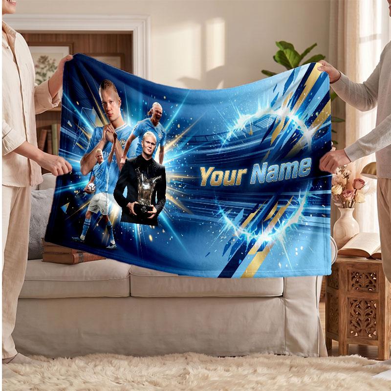 Erling Haaland Personalisierte Fleecedecke Mit Fußballlogo, Individueller Name Text Weich Warm Wohnzimmer Überwurfdecke