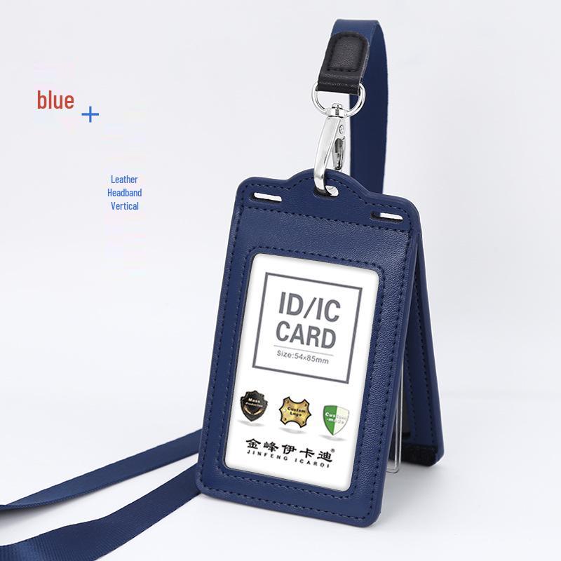 Genuine Leather Work ID Holder with Lanyard, Four Card Slots, Employee Badge Neck Strap.