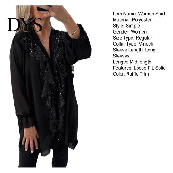 Loose Fit Women Top Shirt V-Neck Long Sleeve Ruffle Trim Chiffon Single Comfortable Blouse Breasted Solid Color Regular Casual Tops